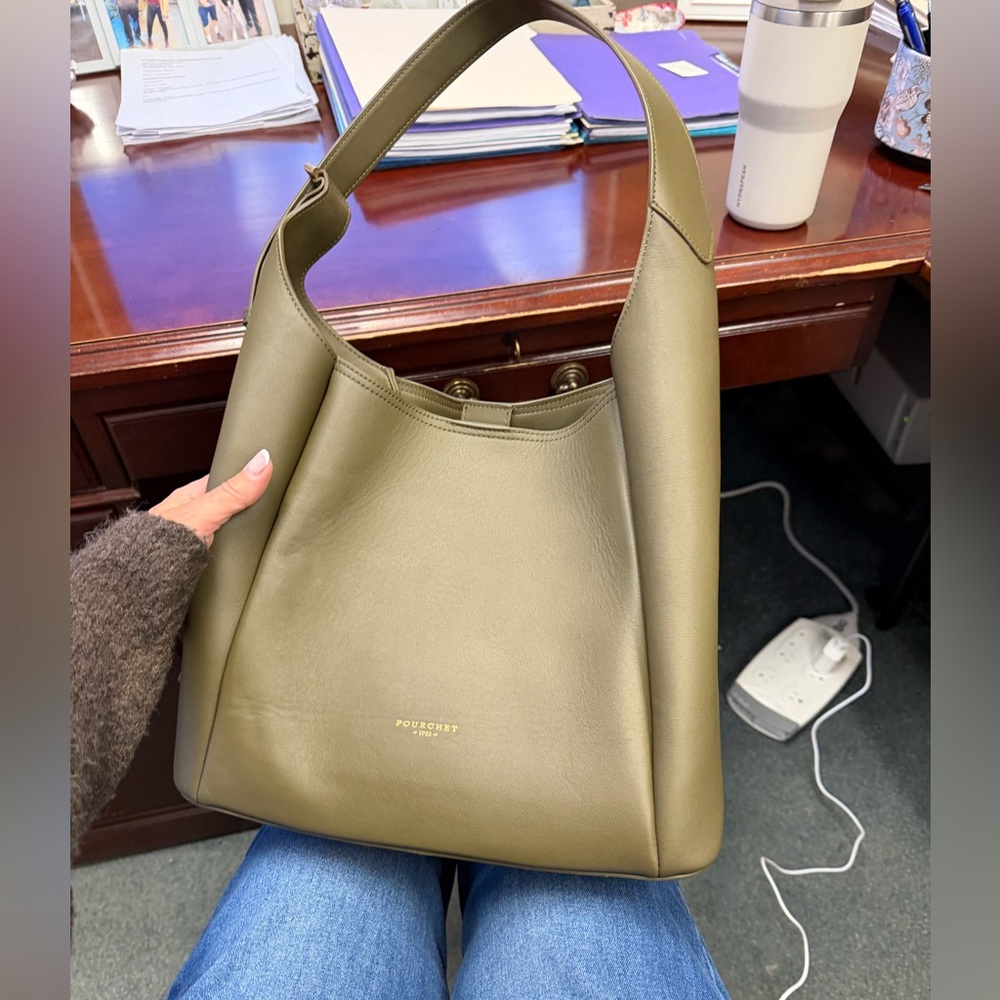 POURCHET Olive Green Leather Hobo Bag